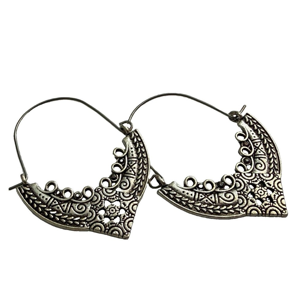 Vtg Style Silver Tone Tribal Chevron Hoop Earrings Boho Filigree Shield Dangle